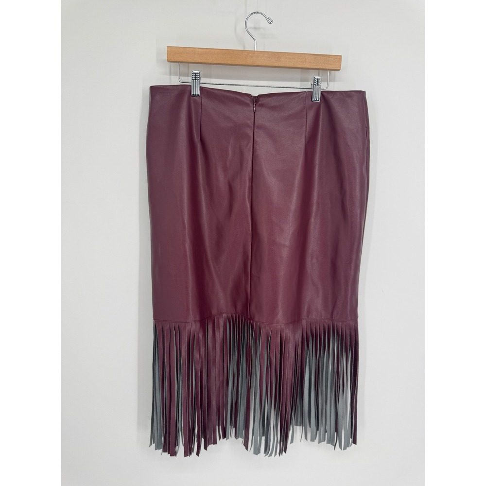 INC Faux Leather Fringe Midi Skirt Womens 14 Burgundy Western Boho Statement - Picture 8 of 9